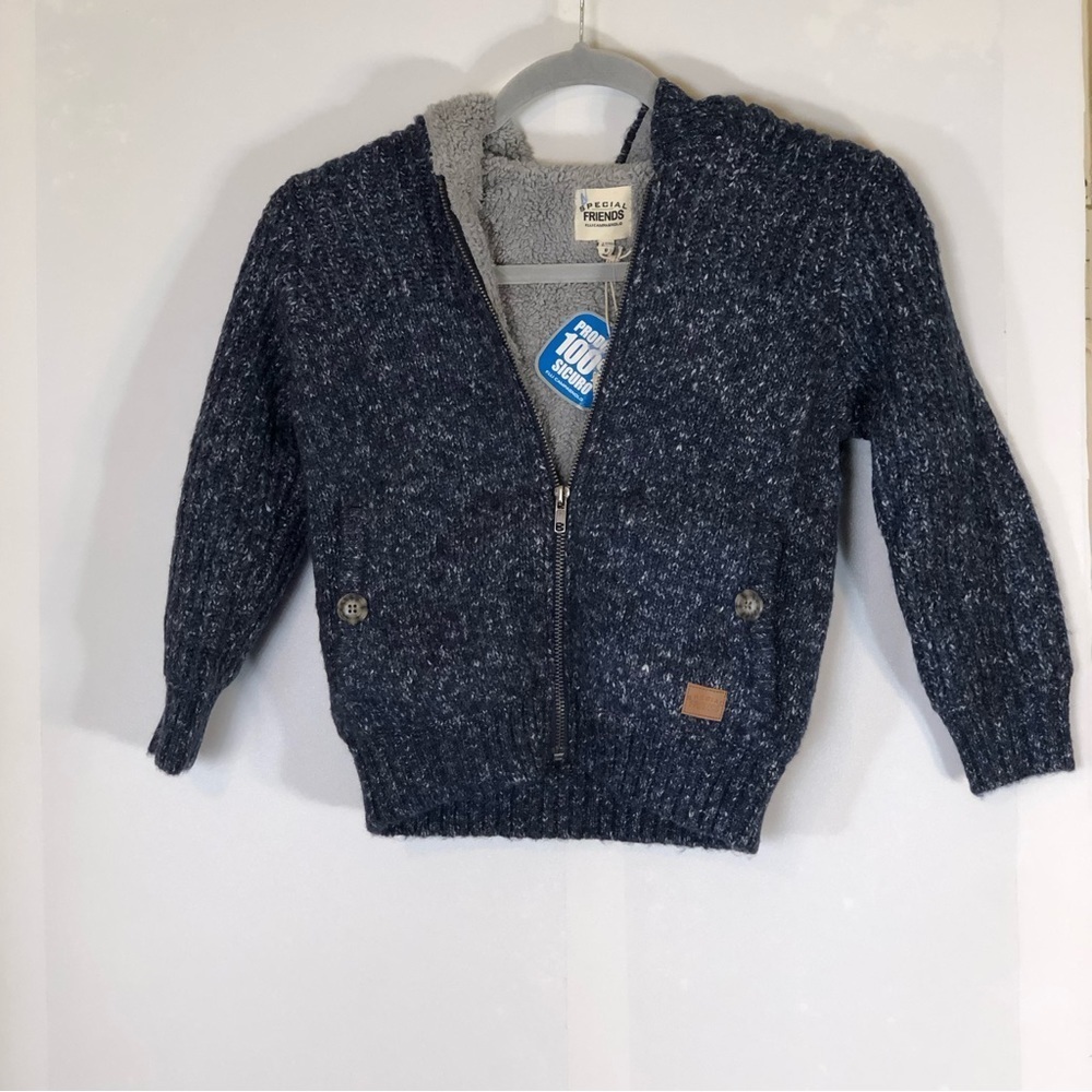 NWT F.LLI CAMPAGNOLO‎ Crochet Knit Hooded Sherpa Lined Sweater Jacket Size 6